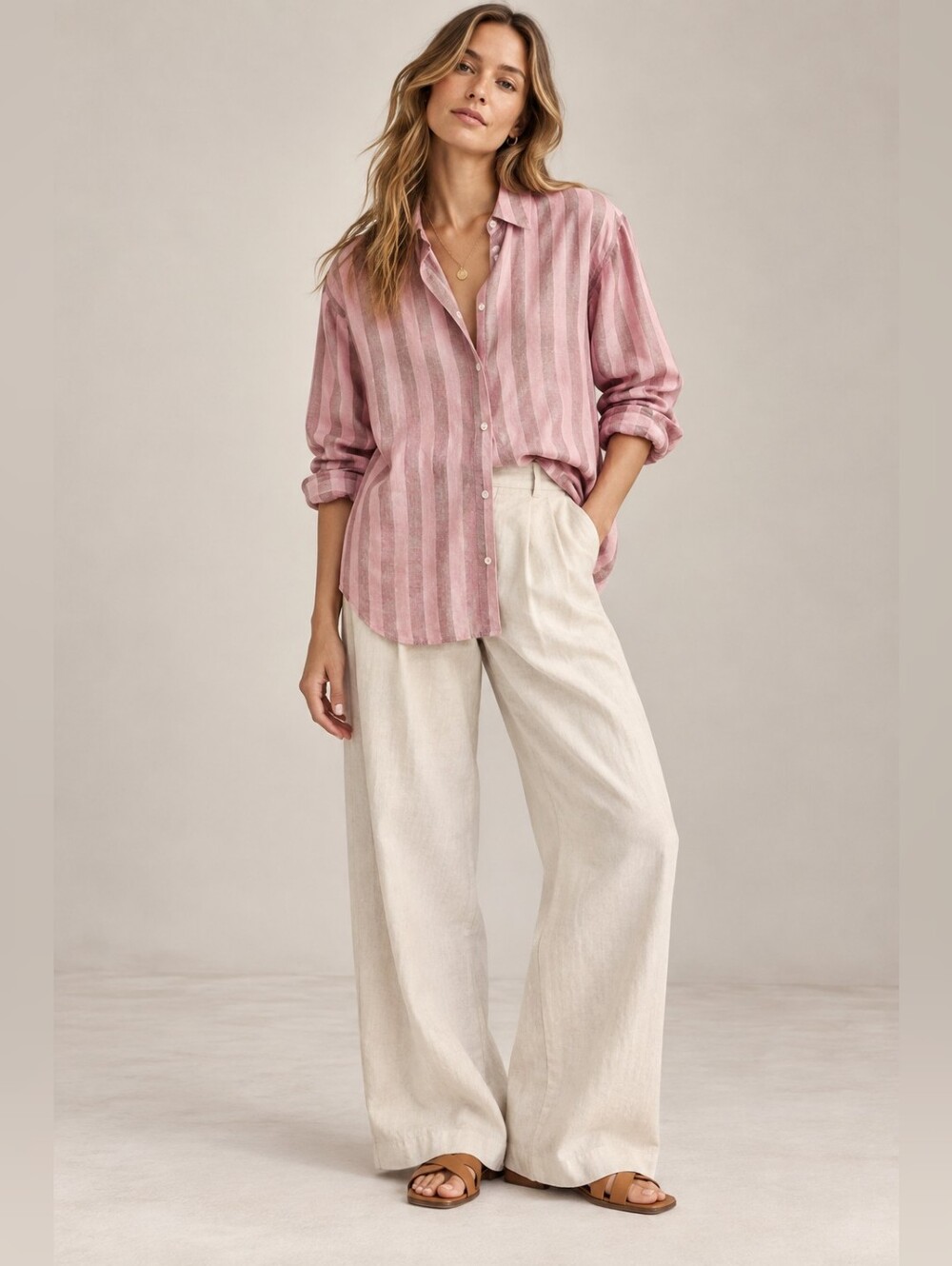 BODEN Linen Blend Relaxed Oversized Formica Pink Sparkle Stripe Shirt 6 Petite